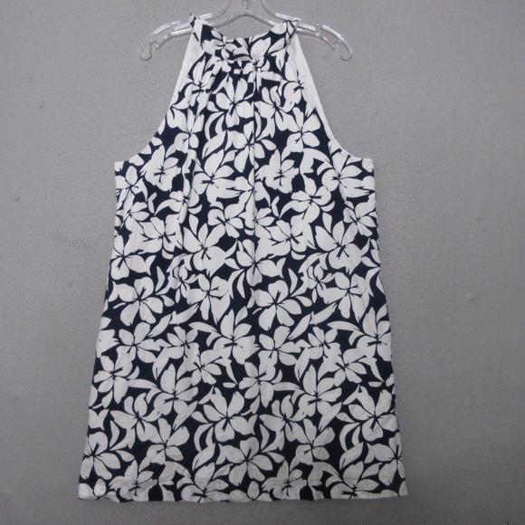 J Crew Factory Dress Plus 14 Navy Blue Floral Shift‎ Tie Neck Comfort Sleeveless - Picture 1 of 11